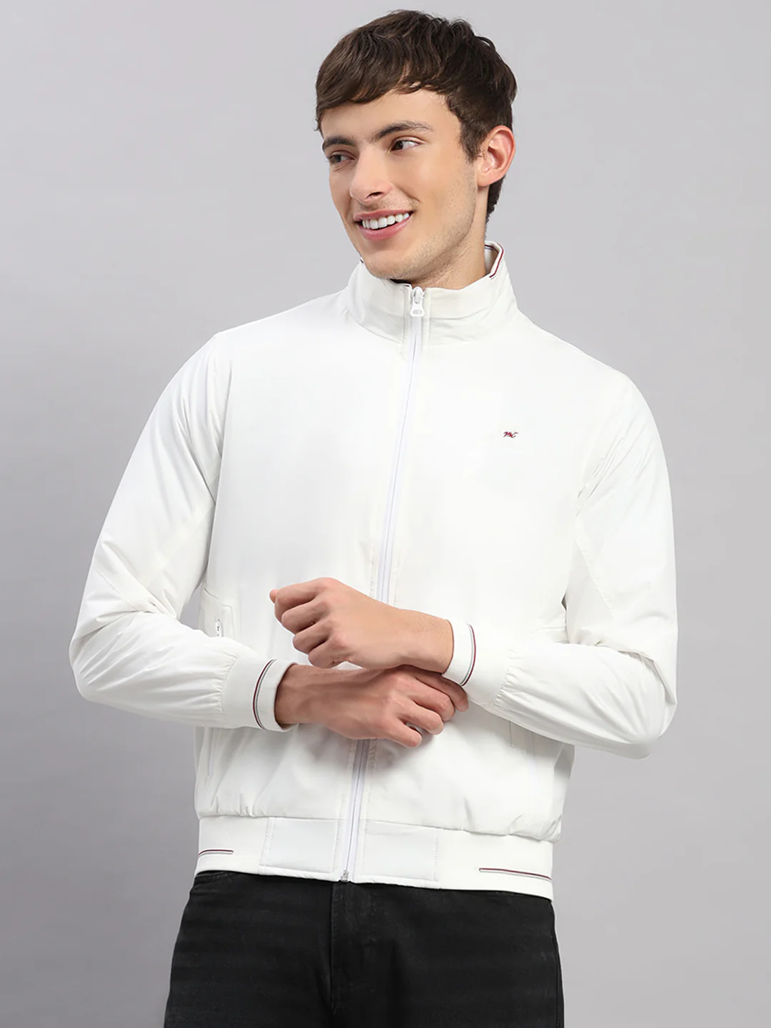 Men White Solid Stand Collar Full Sleeve Jacket
