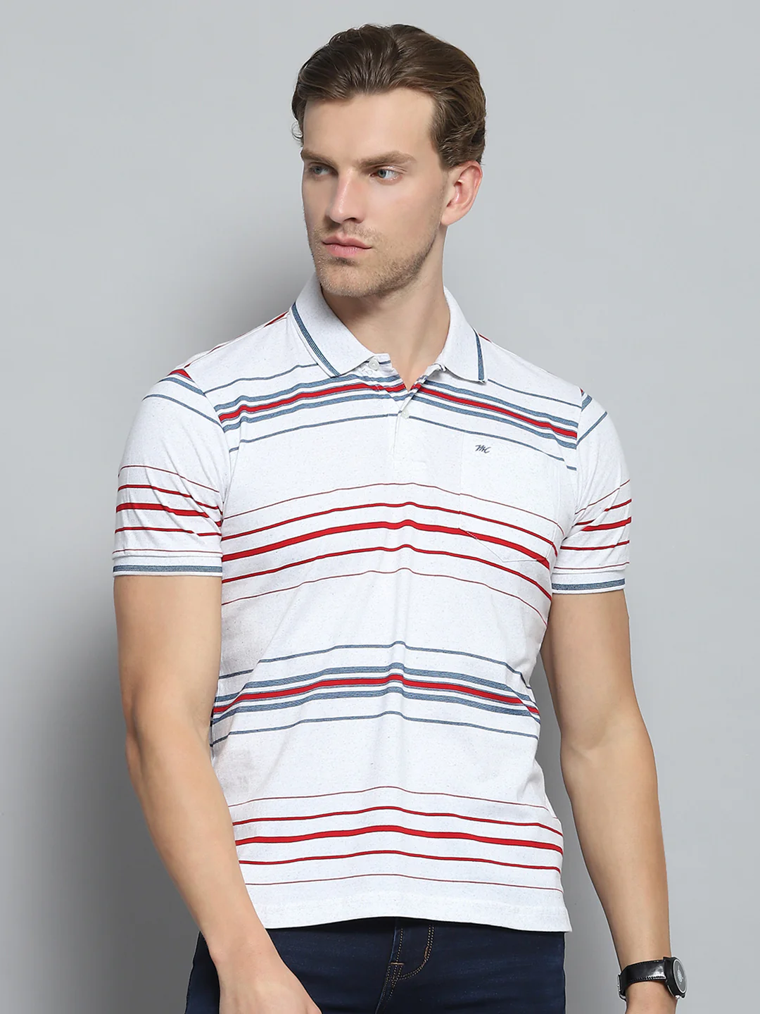 Men White Stripe Collar Half Sleeve T-Shirt