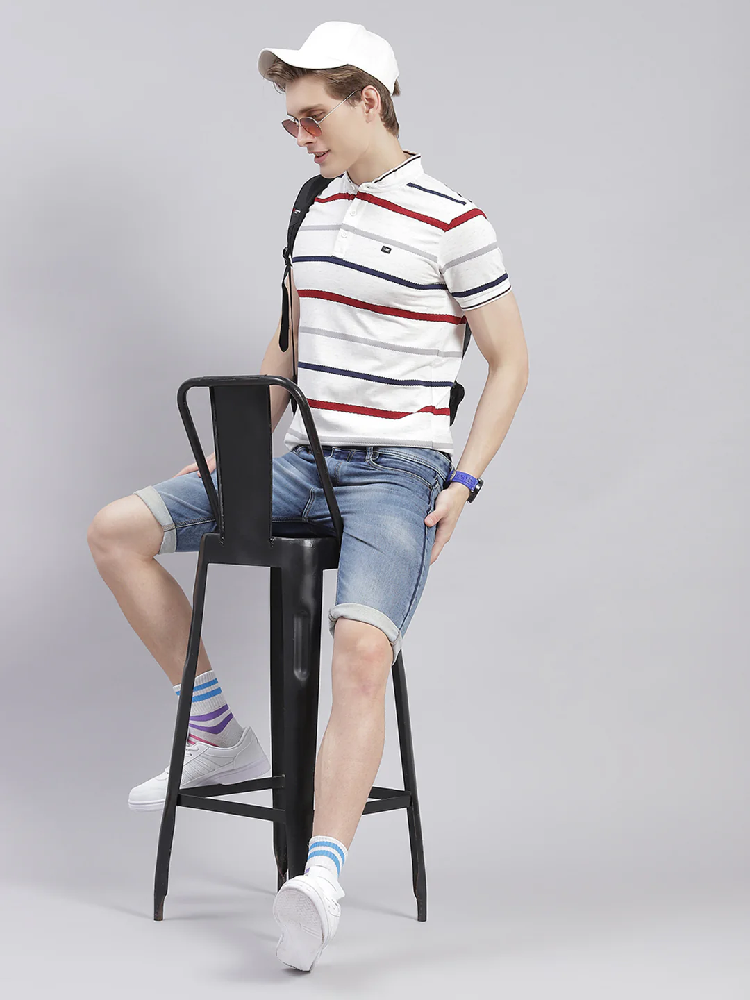 Men White Stripe Stand Collar Half Sleeve T-Shirts