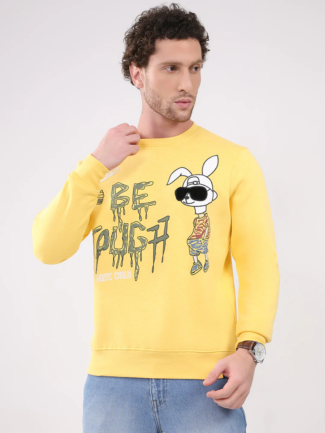 Men Yellow Printed Round Neck Full Sleeve Sweatshirt