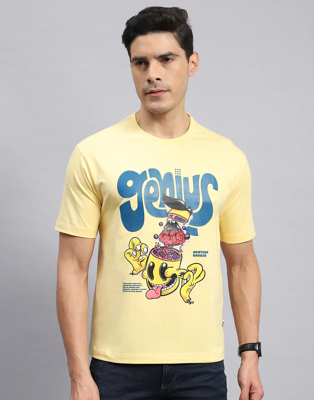 Rock.it Men Yellow Printed Round Neck Half Sleeve T-Shirt