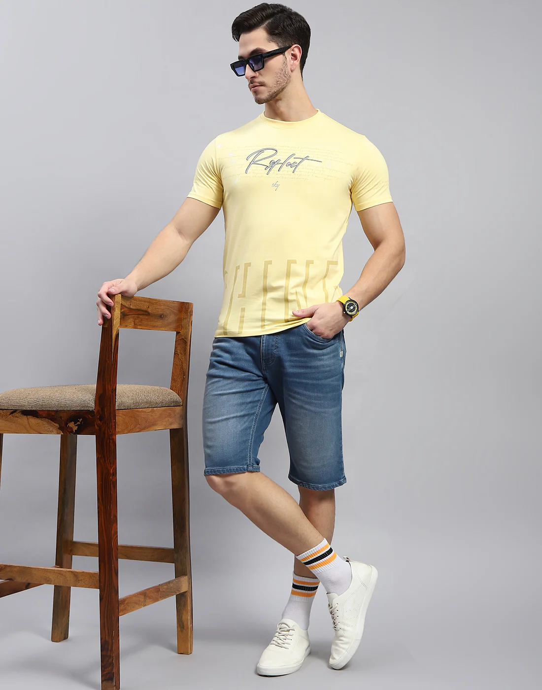 Men Yellow Printed Round Neck Half Sleeve T-Shirt - Image 2