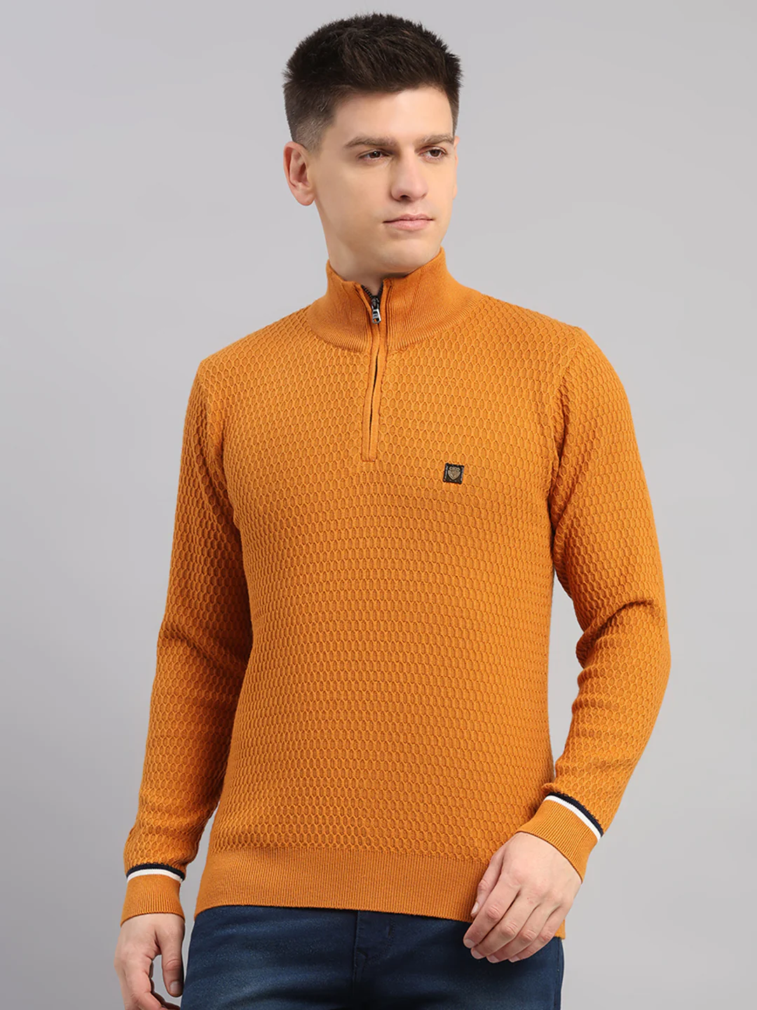 Men Yellow Self Design Round Neck Full Sleeve Pullover