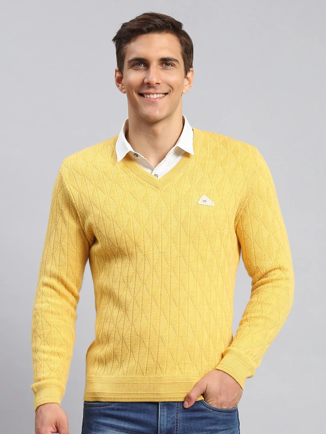 Men Yellow Self Design Wool blend Pullover - Image 2