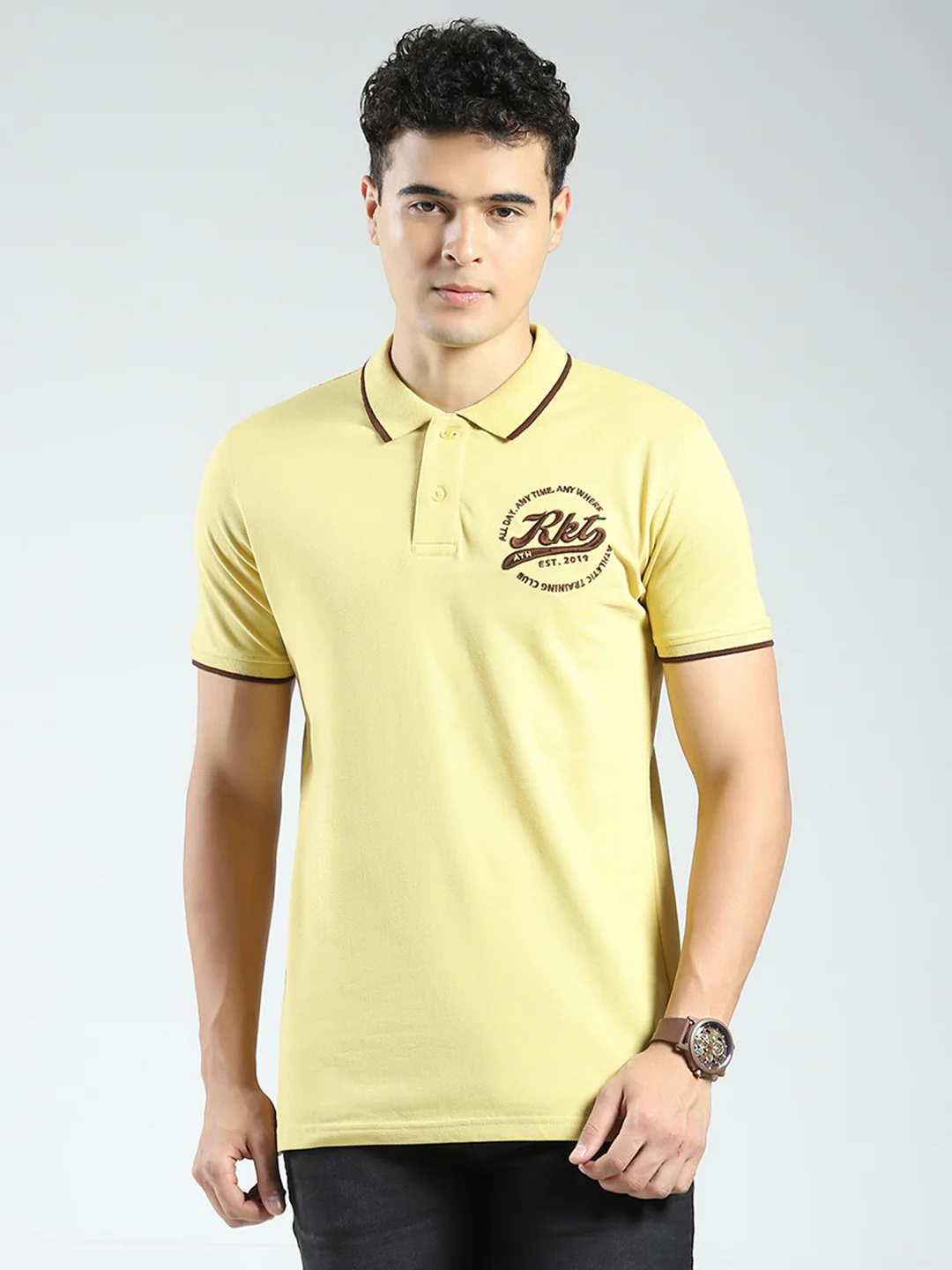 Rock.it Men Yellow Solid Collar Half Sleeve T-Shirt