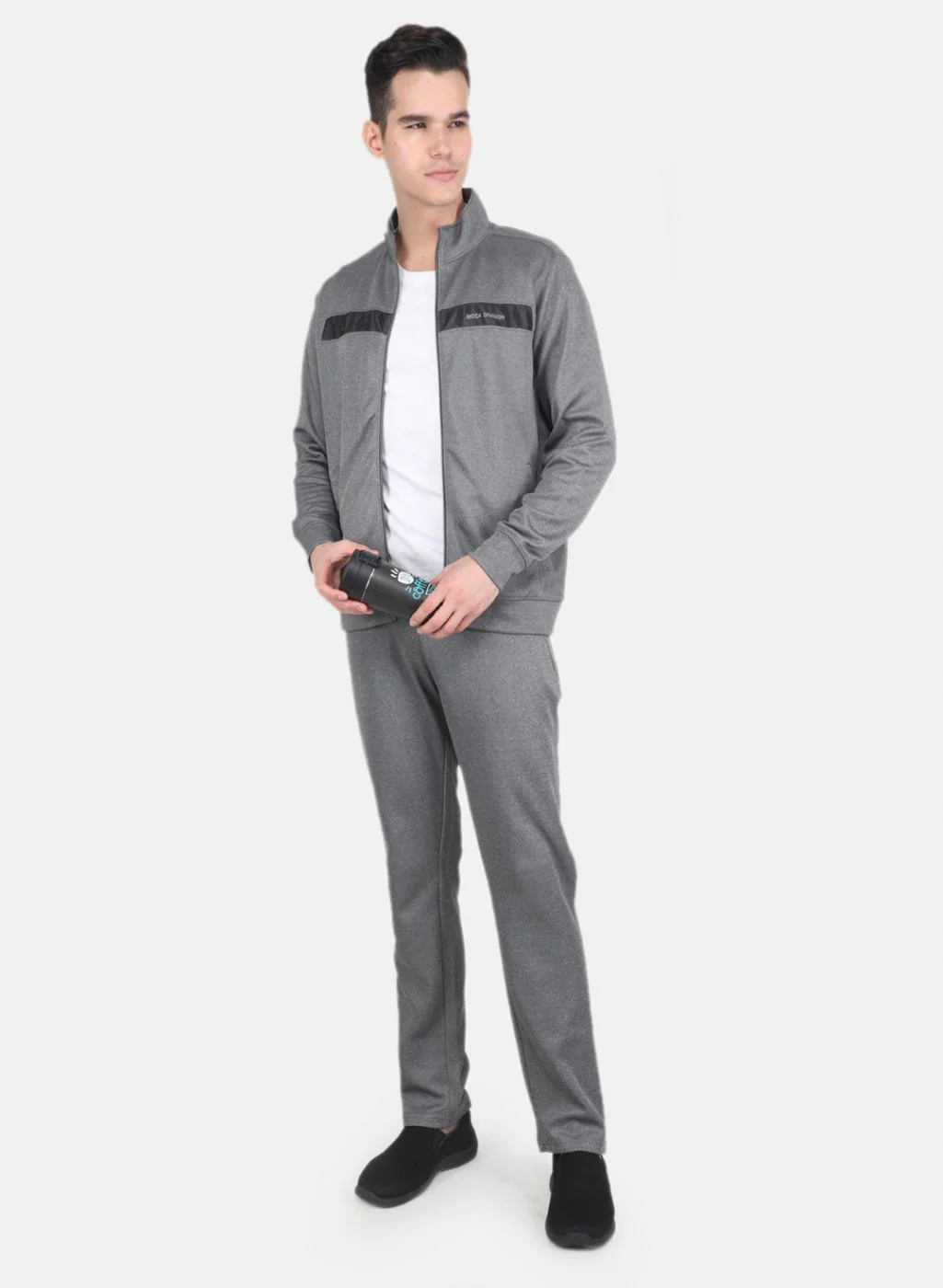 Men Grey Solid Mock Neck Full Sleeve Tracksuit - Image 4