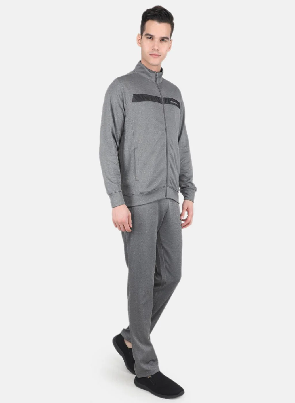 Men Grey Solid Mock Neck Full Sleeve Tracksuit - Image 7