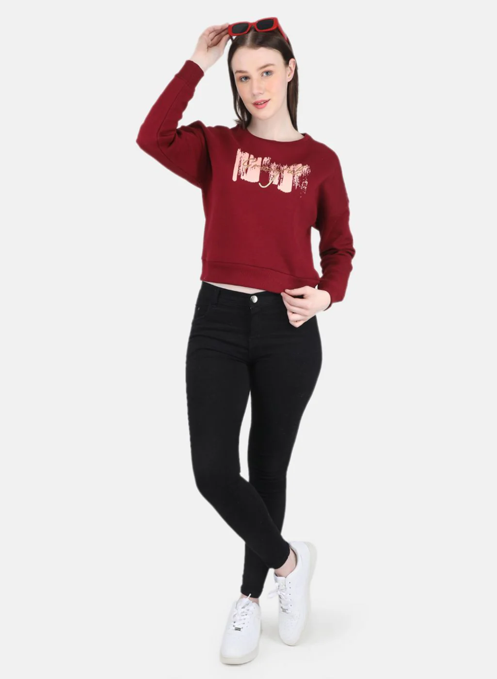 Women Maroon Printed Round Neck Full Sleeve Sweatshirt - Image 4