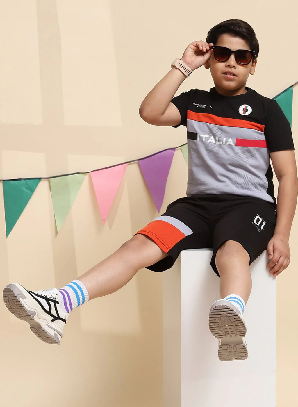 Boys Black & Rust Orange Printed Bermuda Set