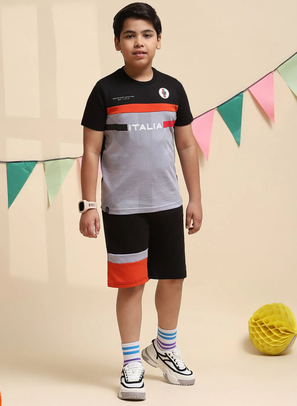 Boys Black & Rust Orange Printed Bermuda Set - Image 2