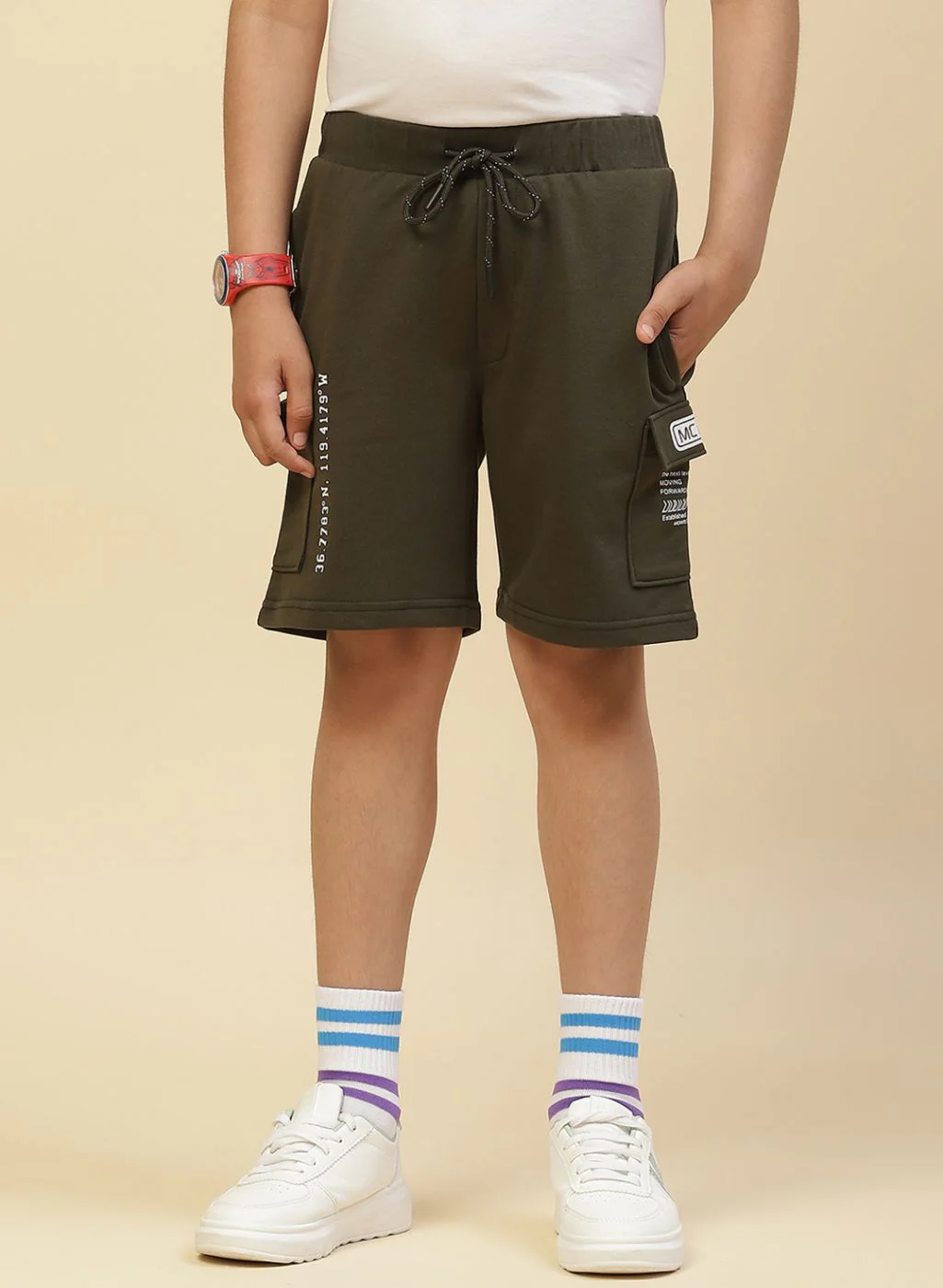 Boys Olive Printed Bermuda
