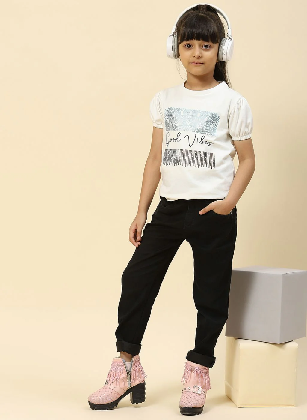 Girls Off White Printed Top