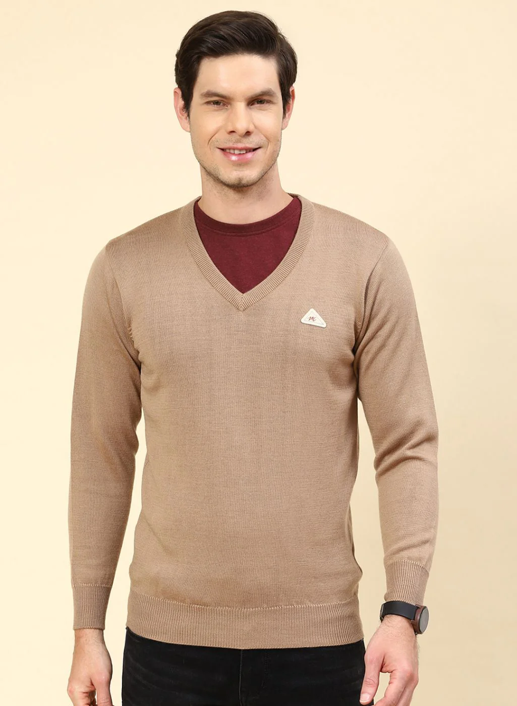 Men Beige Solid Pure wool Pullover - Image 2