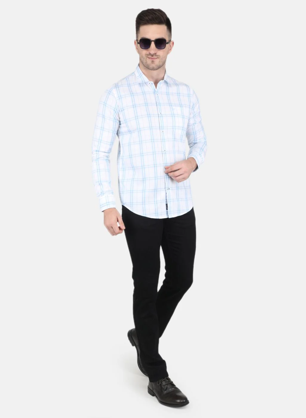 Men Blue Check Shirt - Image 4