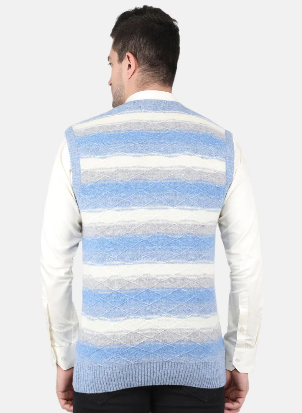 Men Blue Self Design Sweater - Image 3