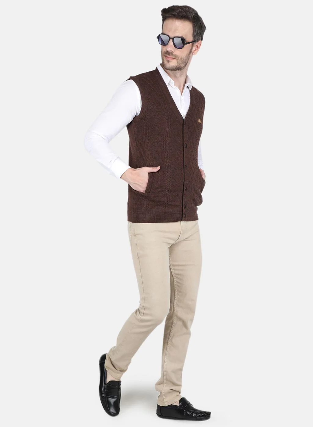 Men Brown Self design Cardigan - Image 4