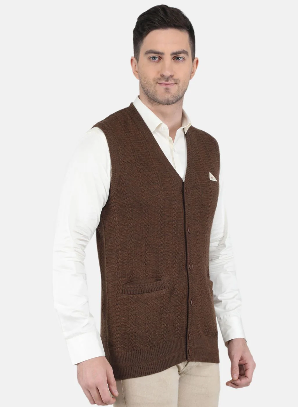 Men Brown Self Design Cardigan - Image 6