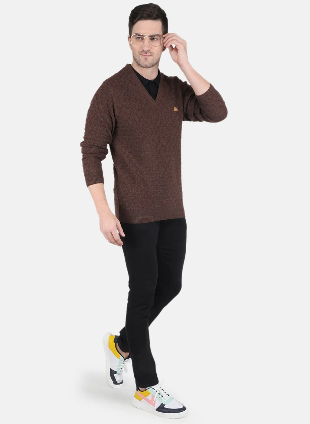 Men Brown Self Design Pullover - Image 4