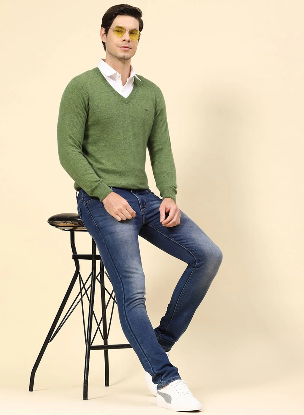 Men Green Solid Lamb wool Pullover