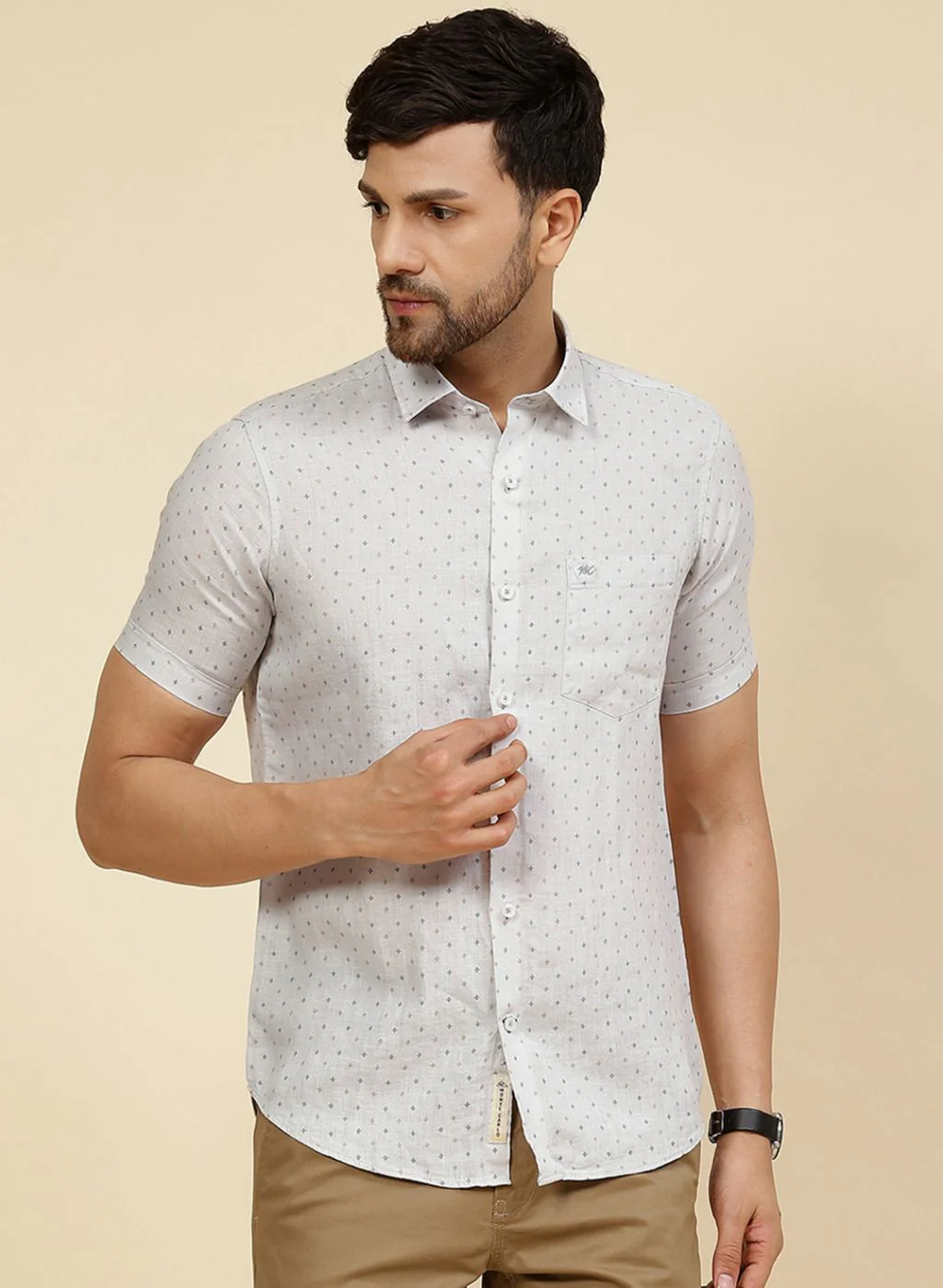 Men Grey Printed Linen Shirt - Image 2