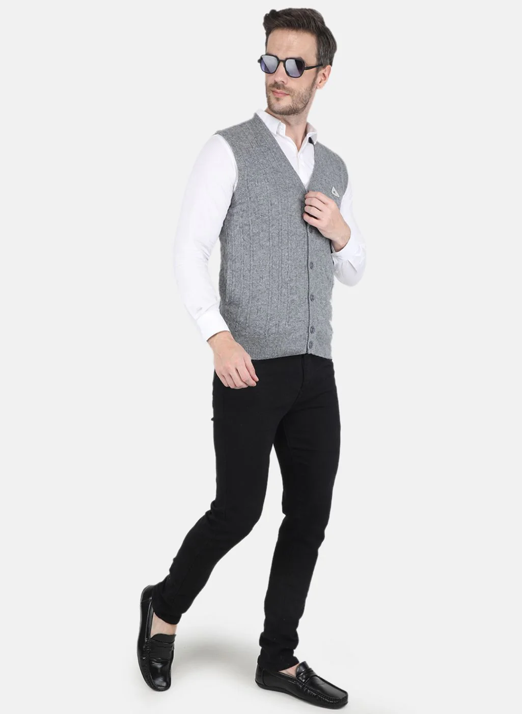 Men Grey Self design Cardigan - Image 4