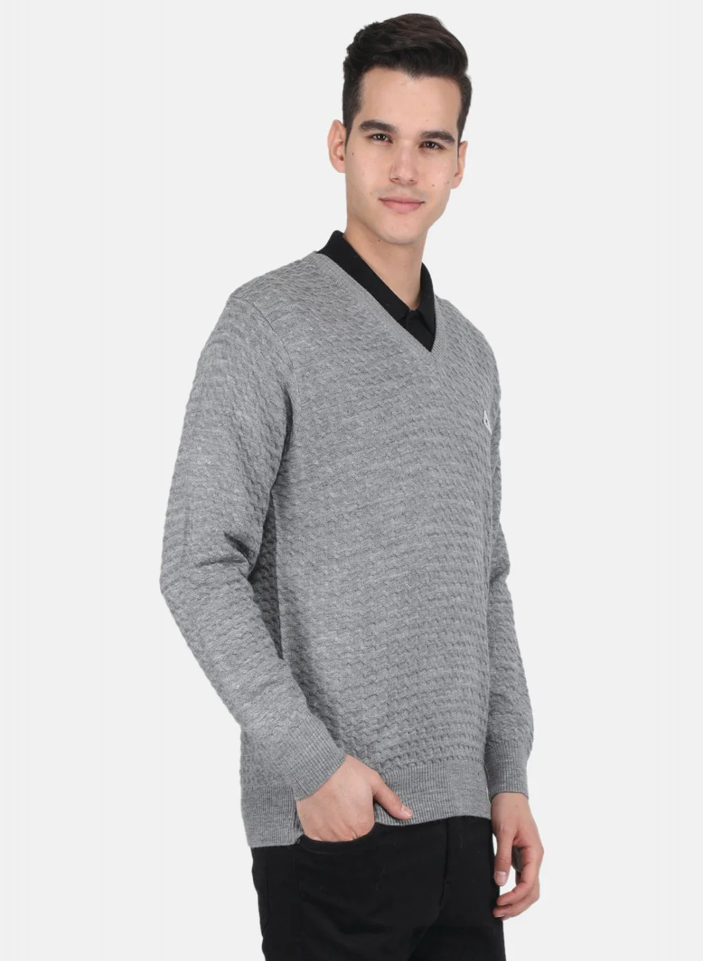 Men Grey Self Design Pullover - Image 6
