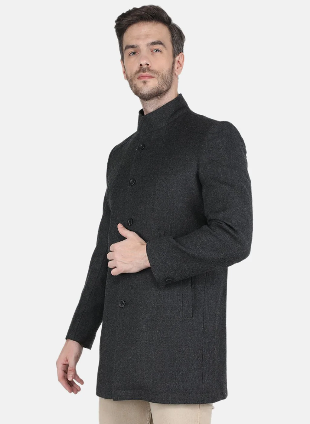 Men Grey Solid Coat - Image 2