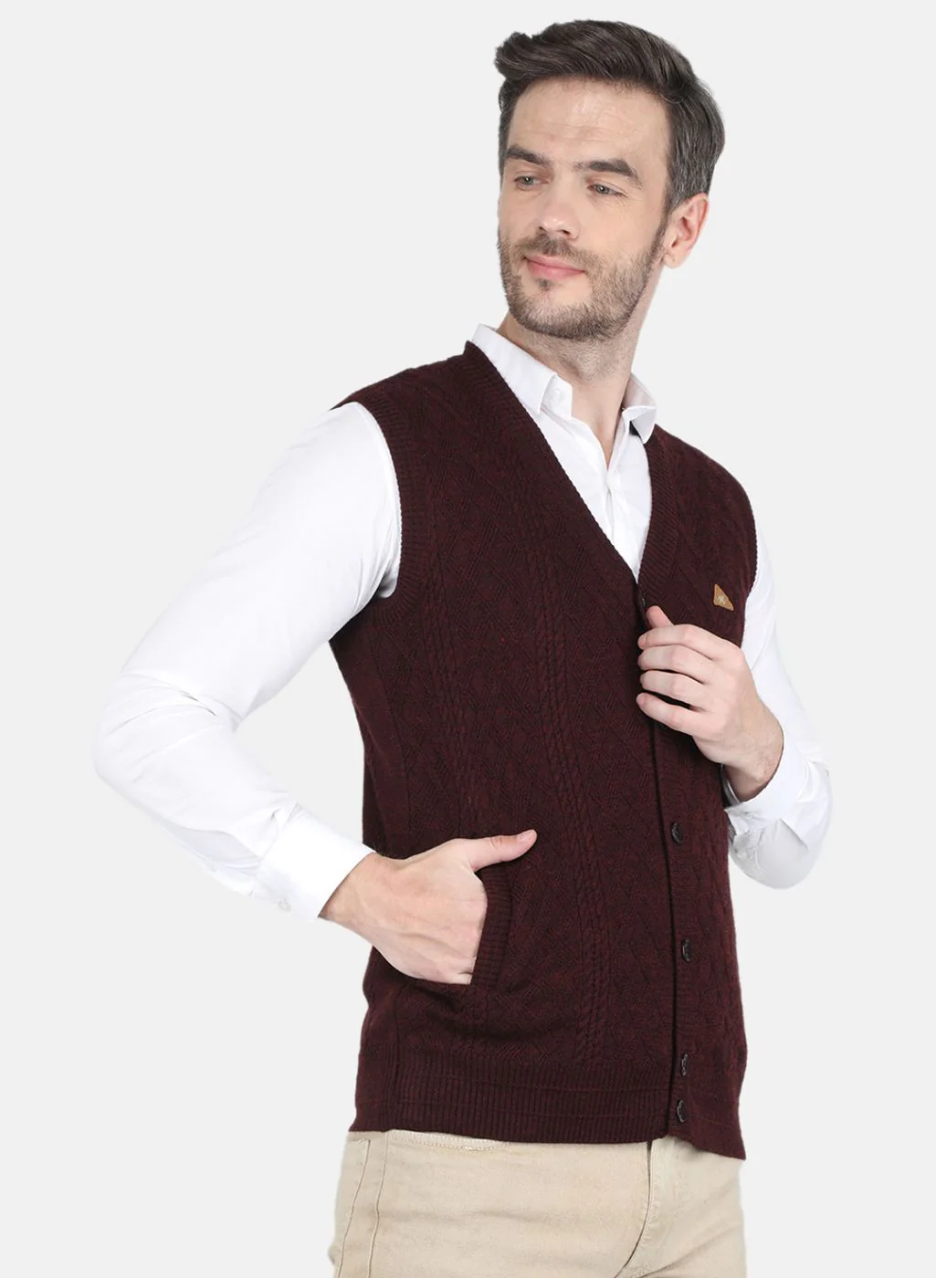 Men Maroon Self design Cardigan - Image 6