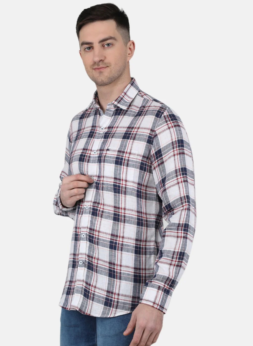 Men NAvy Blue Check Linen Shirt - Image 2