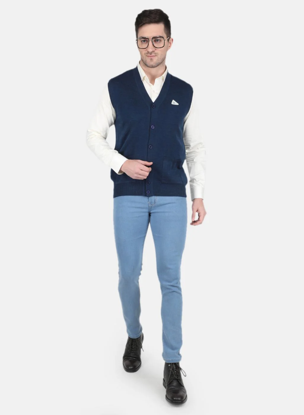 Men NAvy Blue Solid Cardigan - Image 4