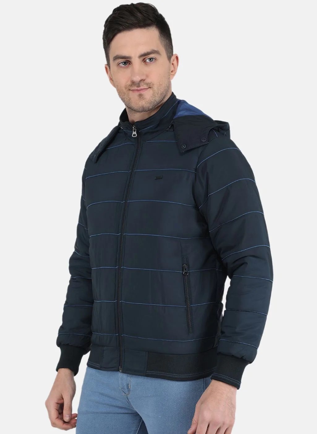 Men NAvy Blue Solid Jacket - Image 2