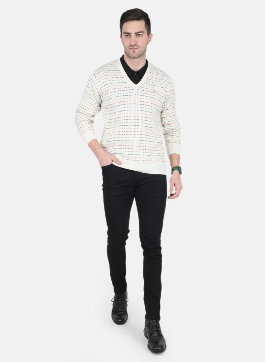 Men Off White Self Design Pullover - Image 4