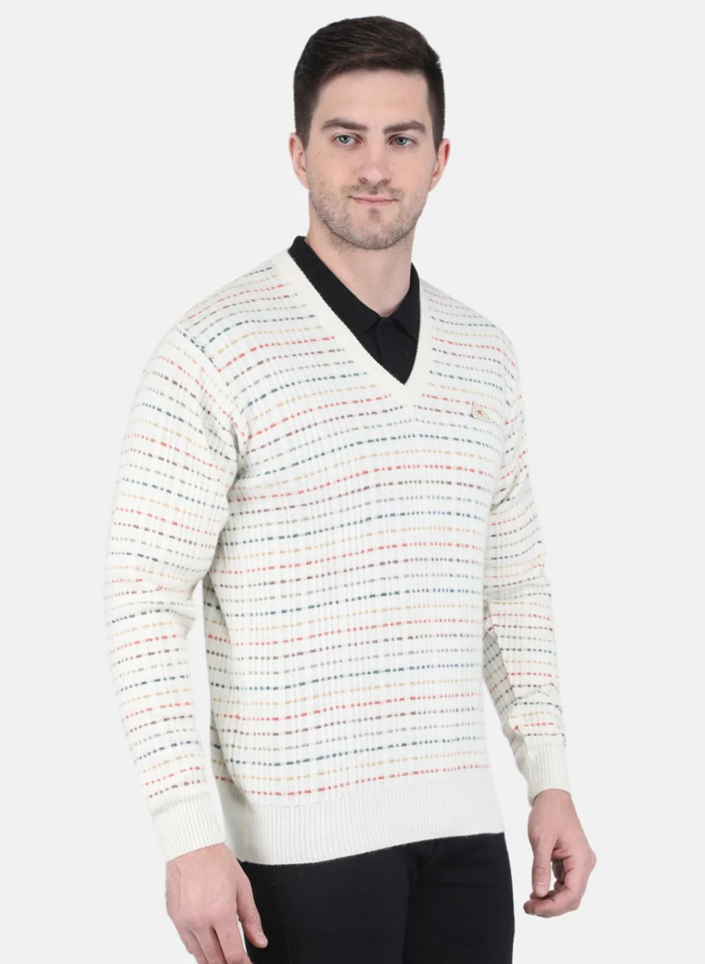 Men Off White Self Design Pullover - Image 6