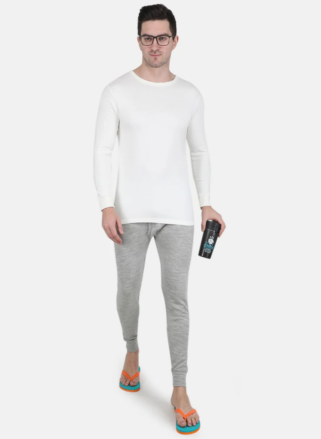 Men Off White Solid Thermal Vest - Image 4
