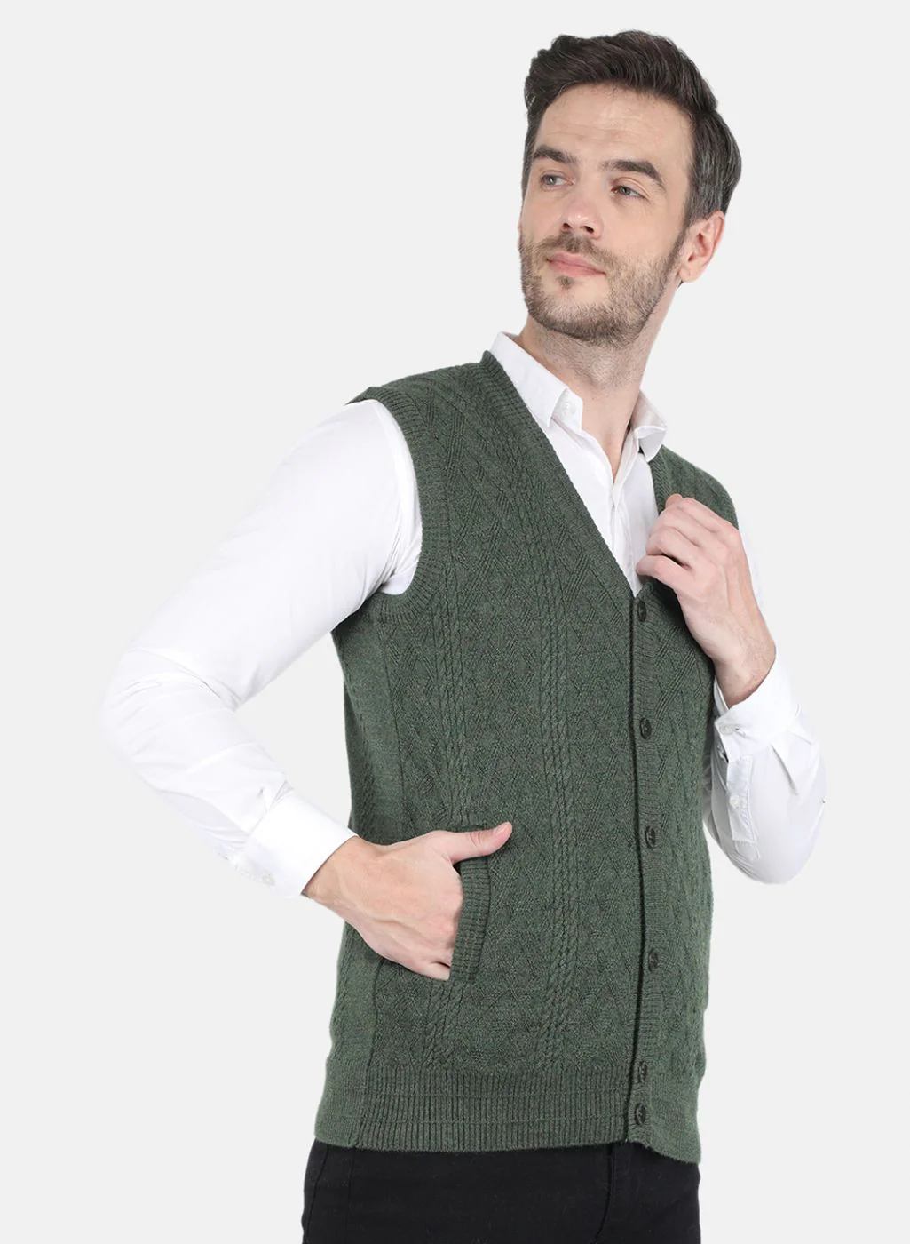 Men Olive Self design Cardigan - Image 6