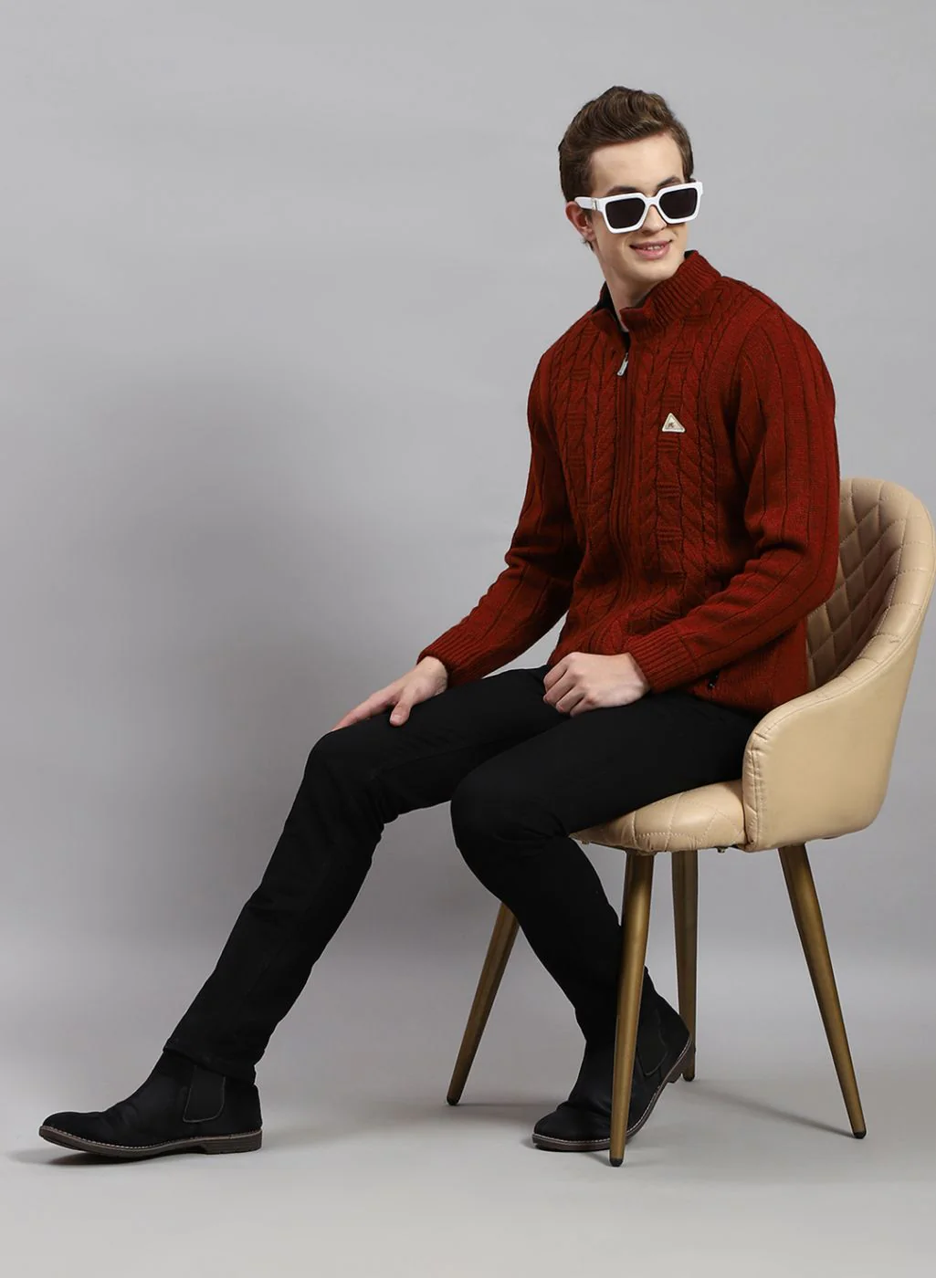 Men Orange Self Design Wool blend Jacket
