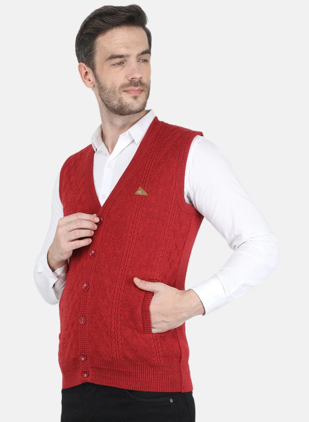 Men Red Self design Cardigan - Image 2