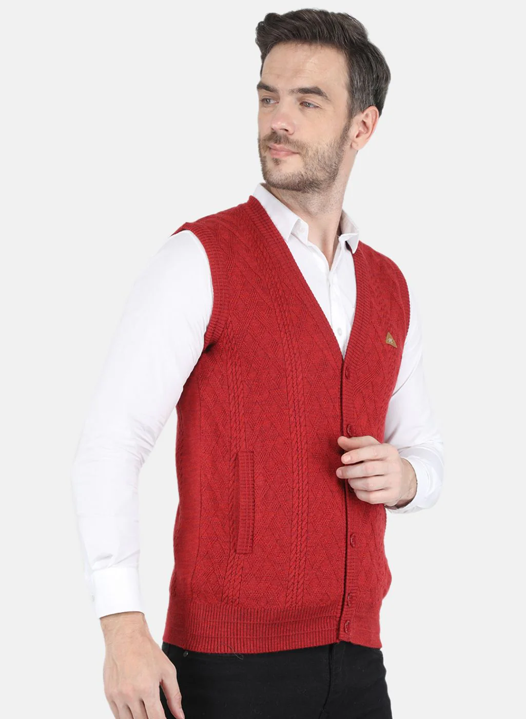 Men Red Self design Cardigan - Image 6