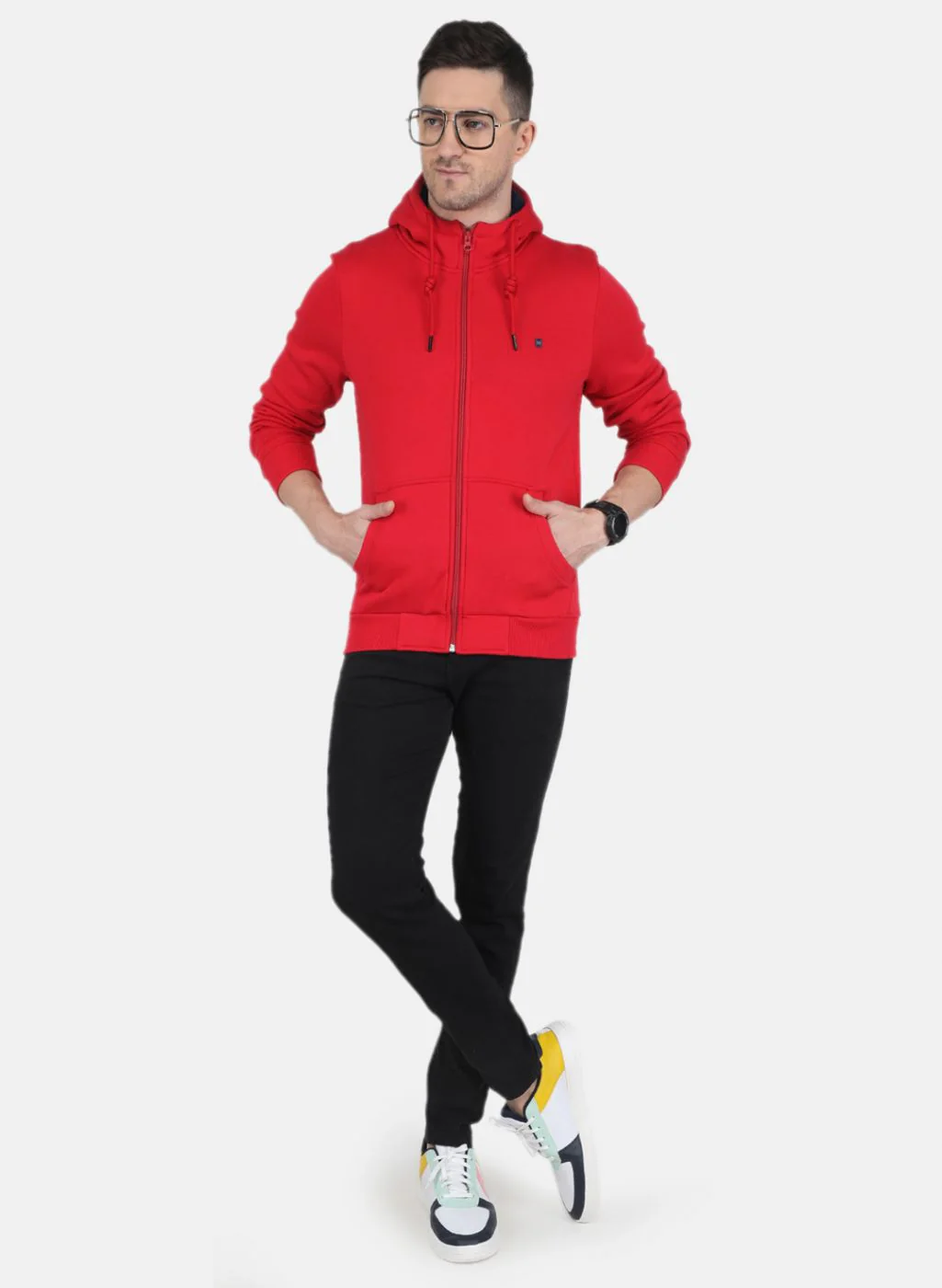 Men Red Solid Hooded Full Sleeve Sweatshirt - Image 4