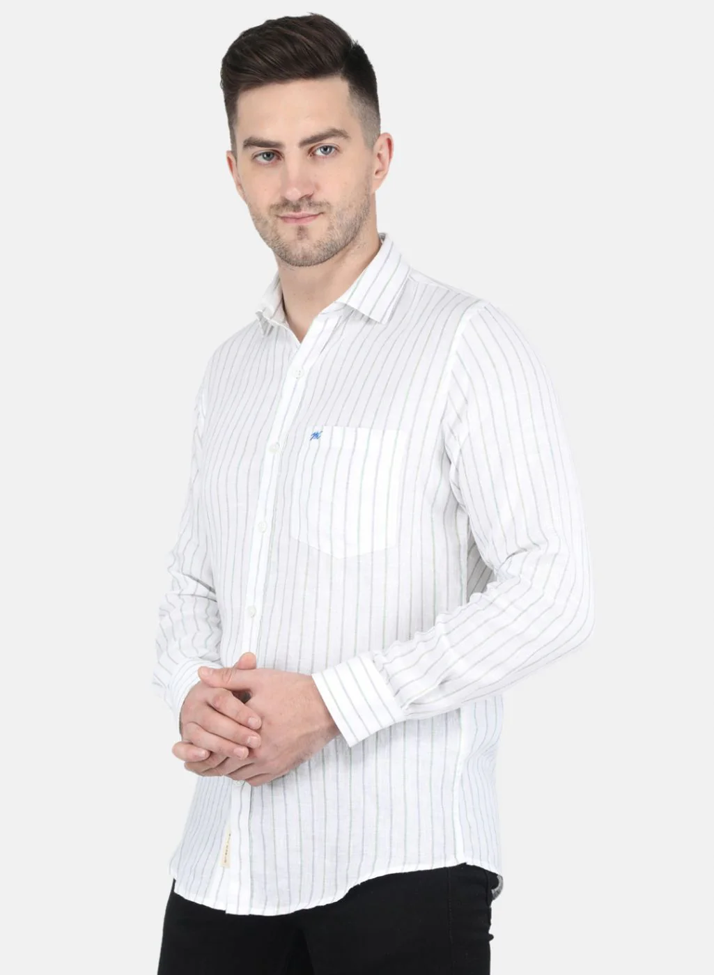 Men White Stripe Linen Shirt - Image 2