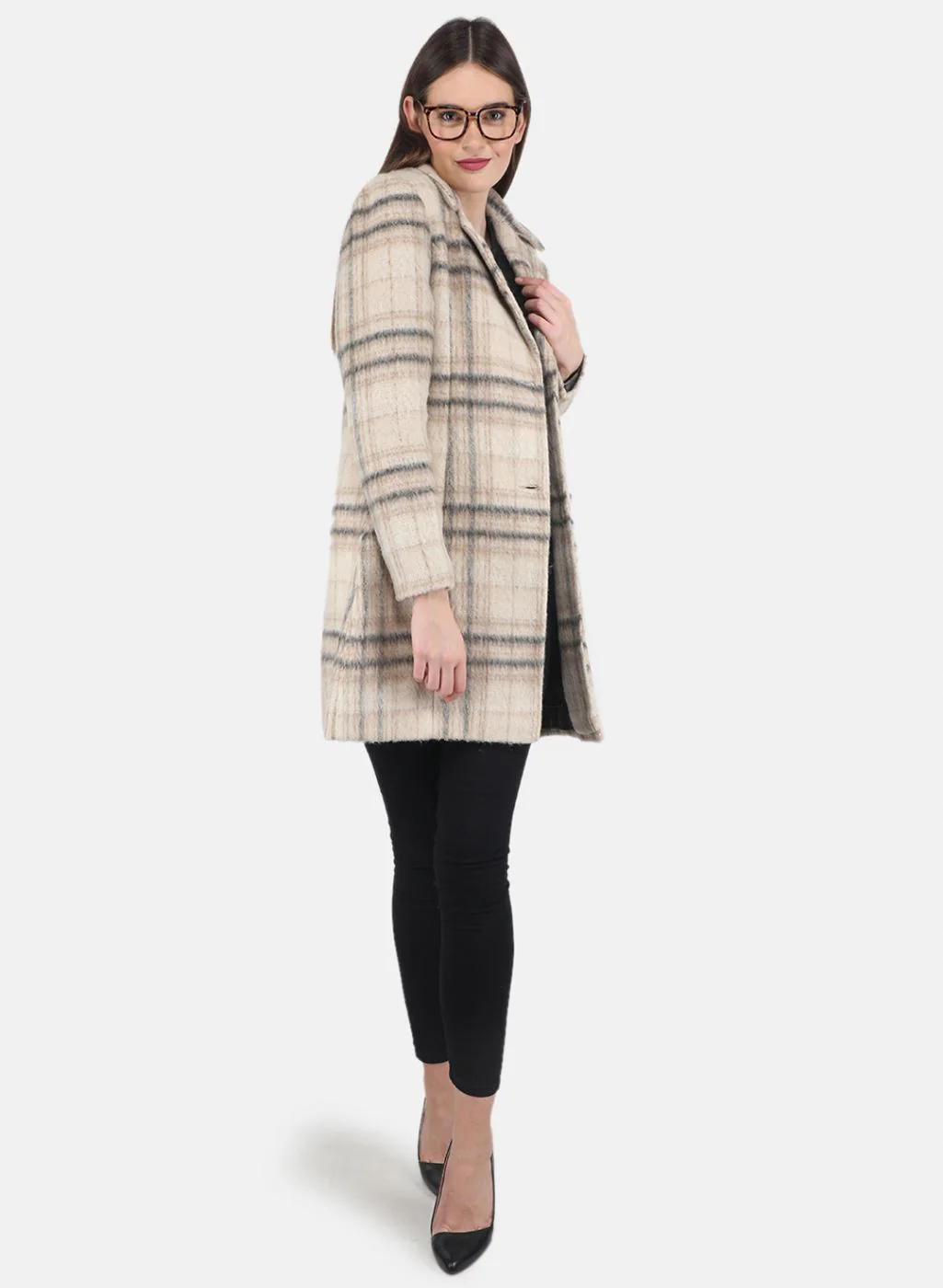 Women Beige Check Coat - Image 4