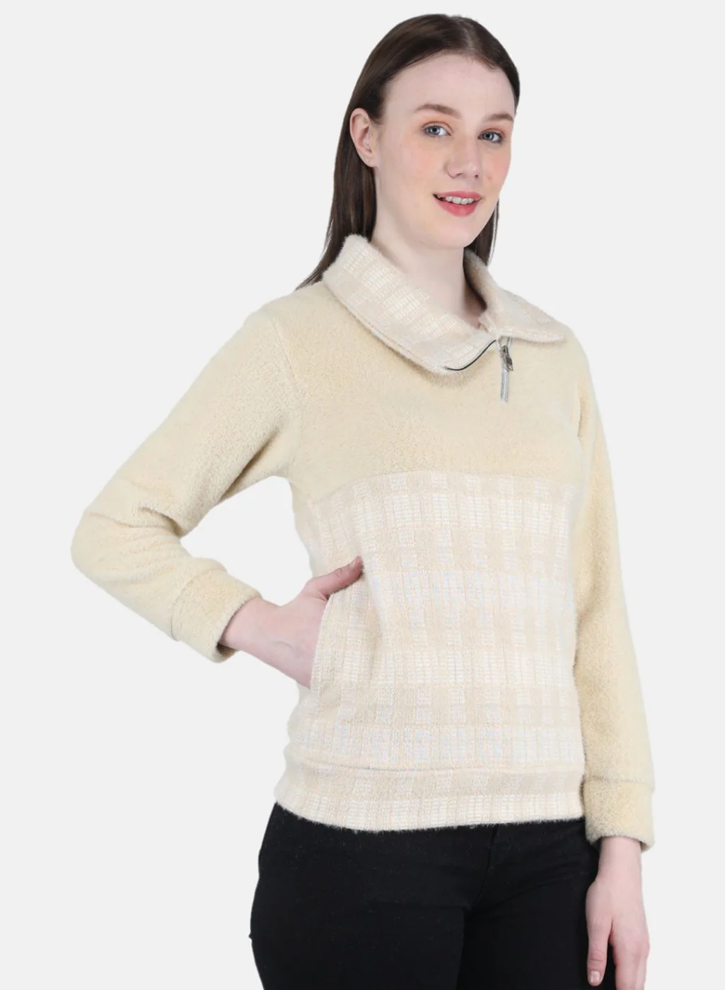 Women Beige Check Sweatshirt - Image 6