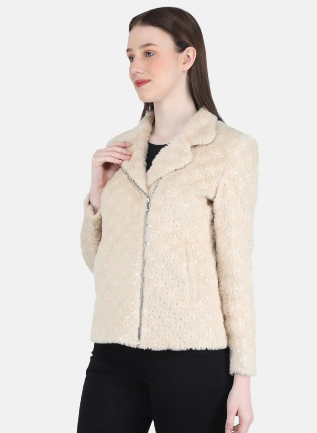 Women Beige Embroidered Coat - Image 2