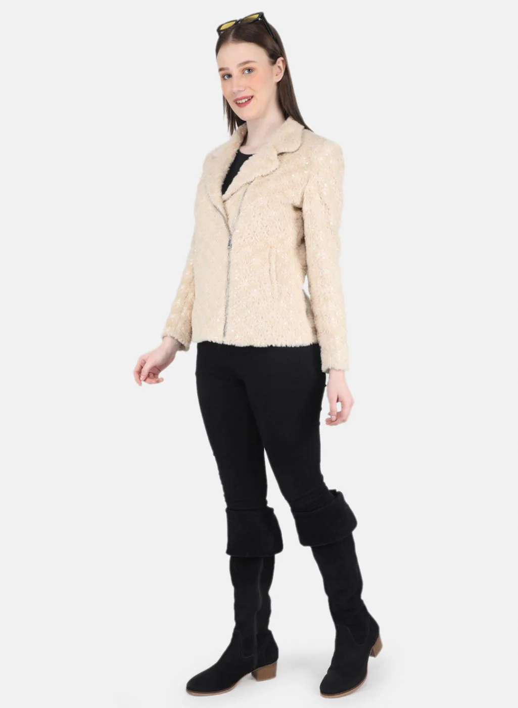 Women Beige Embroidered Coat - Image 4