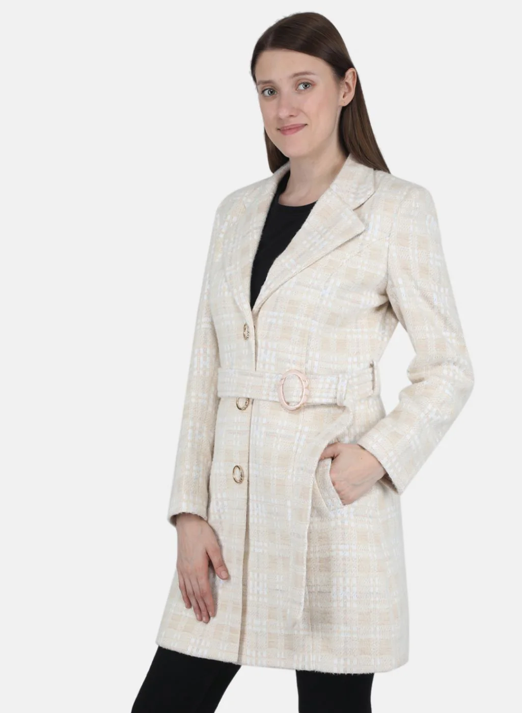 Women Beige Jaquard Coat - Image 2