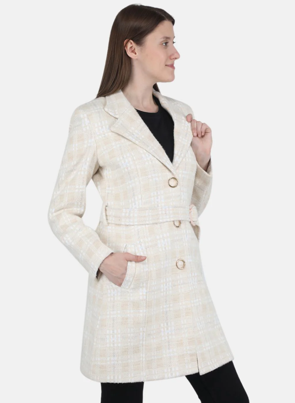 Women Beige Jaquard Coat - Image 6