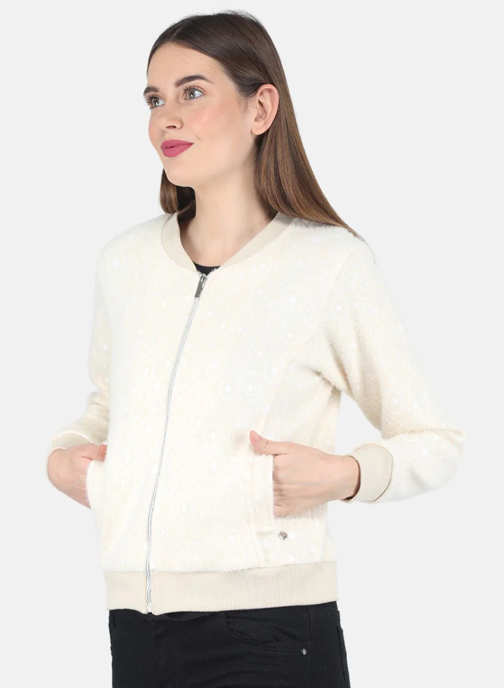 Women Beige Jaquard Sweatshirt - Image 2