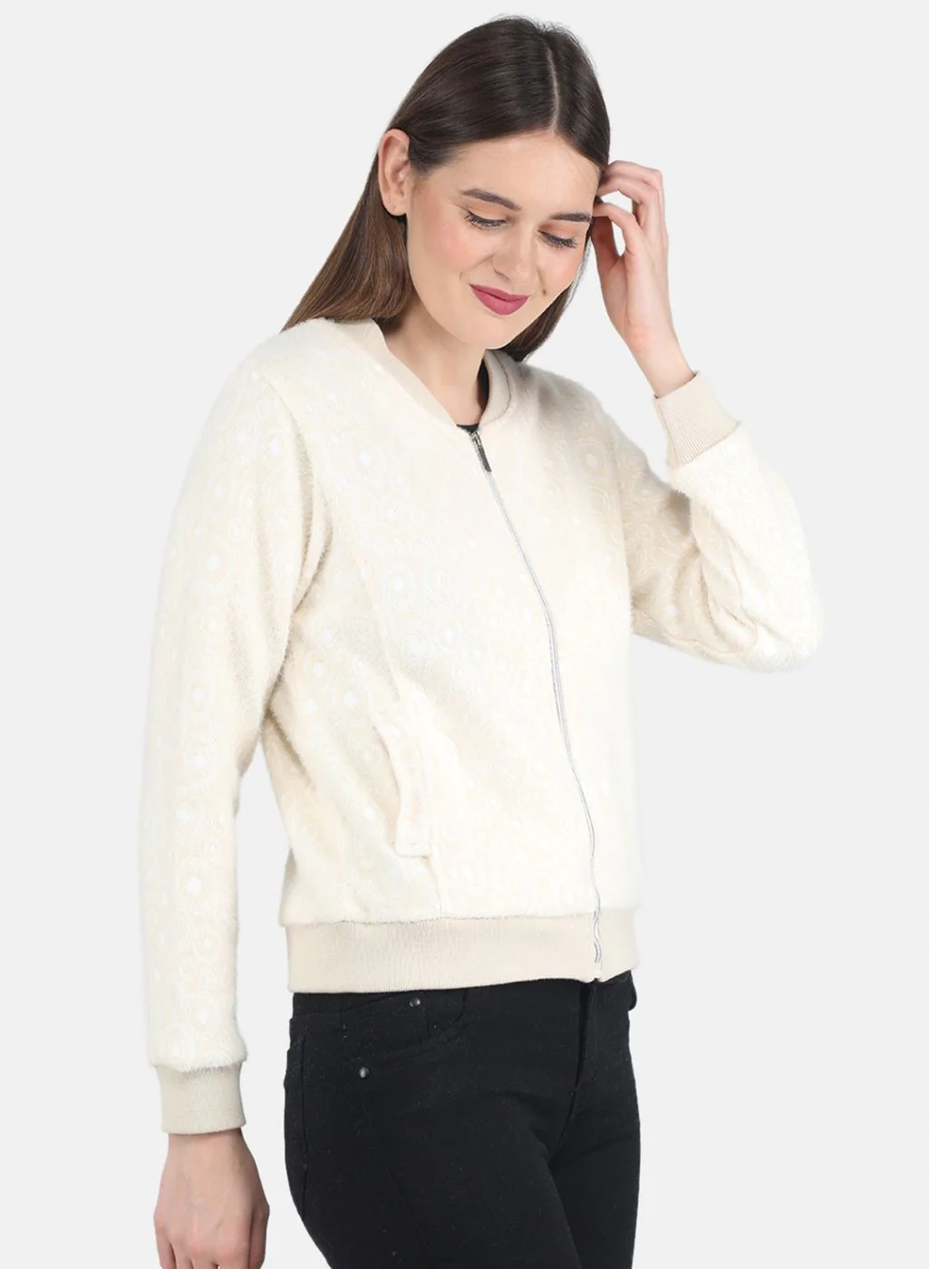 Women Beige Jaquard Sweatshirt - Image 6