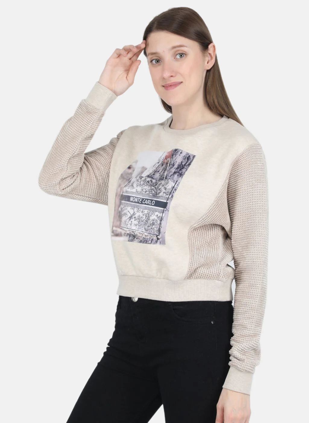 Women Beige Printed Sweatshirt - Image 2