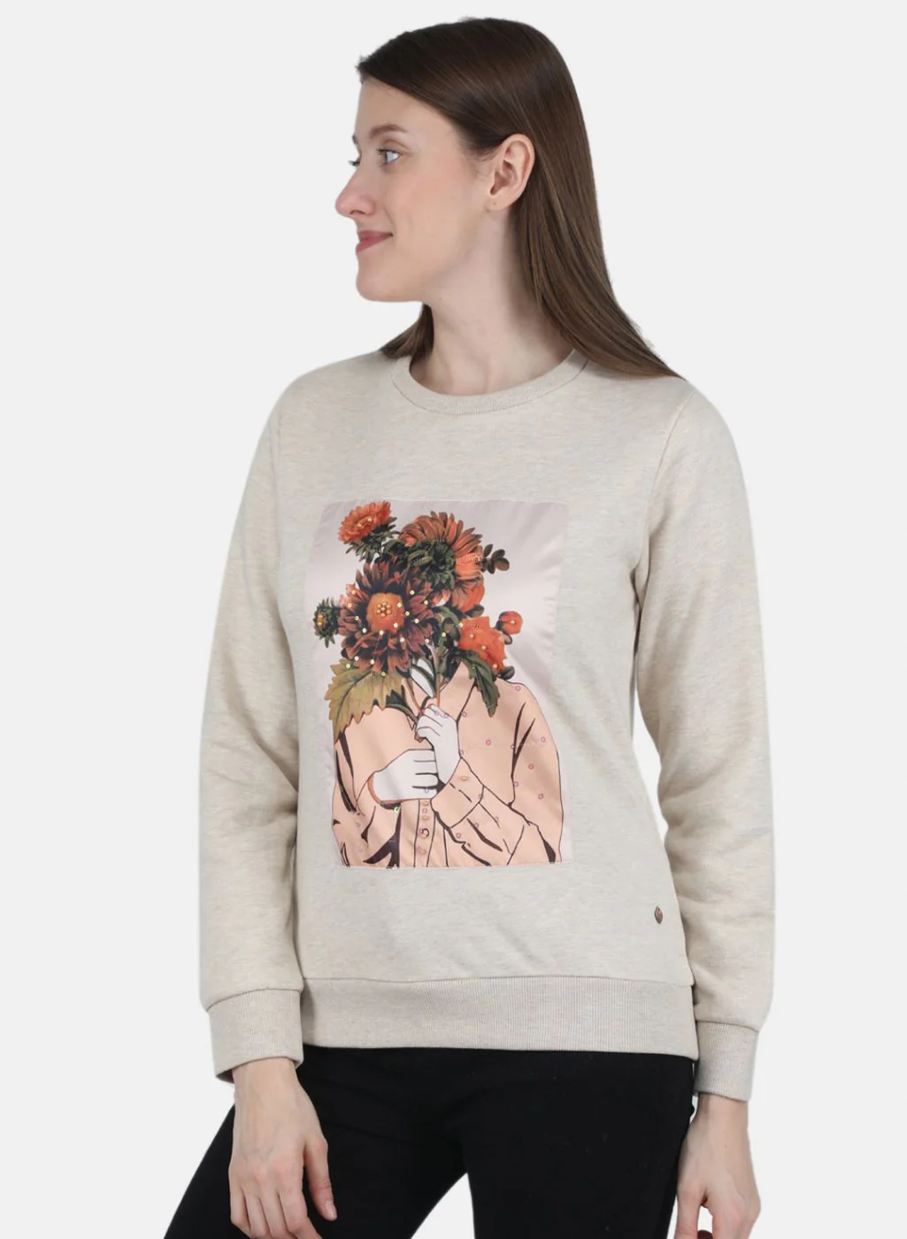 Women Beige Printed Sweatshirt - Image 2